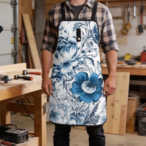 Delantal Floral Azul y Blanco con 8 Bolsillos para Taller miniatura 5