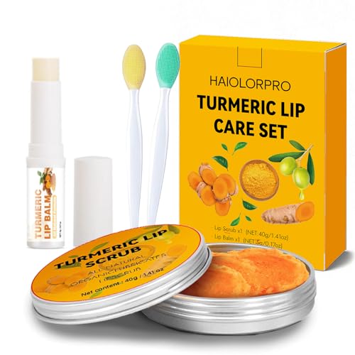 HAIOLORPRO 4PCS Turmeric Lip Scrub and Turmeric Lip Balm with Brush Set Natural Lip Scrubber Exfoliator for Dry Dull Chapped Dark lips Reduces Fine Lines Deeply Hydrates and Moisturizes