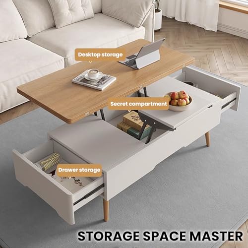 Nowoczesny stolik kawowy z podnoszonym blatem z Sto DersWielofunkcyjny rozkładany stolik środkowy do salonu ukryty kartmentElegancki drewniany design - 119 cm