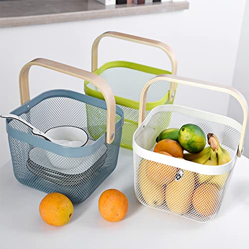 Image of Metal Basket Storage Organizer, Multi-functional Basket with Bamboo Handle for Home Kitchen Picnic Shopping Decor (White)