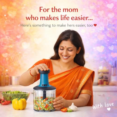 Image of Manual Push Chopper Gift for Mummy, Gift for Kitchen - Hand Press Vegetable & Fruit Cutter with Five Stainless Steel Blades, Multipurpose Onion, Salad,Ginger,Garlic, Tomato & Nuts
