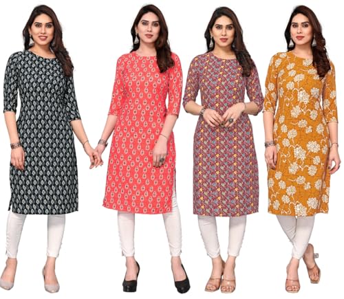 Image of JAKHANA Women's Crepe Printed Casual Straight Calf Length Round Nick Kurta Pack of 4