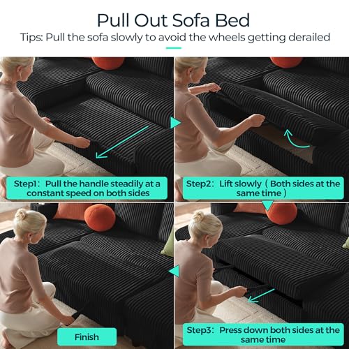 Image of LINSY HOME Sectional Sleeper Sofa Pull Out Couches for Living Room (Black, Sleeper Sofa 3) | Pull Out Sofa Bed, Storage, USB Charging, Cup Holders, Plush Corduroy