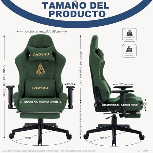 Andyou Silla Gaming Ergonómica Profesional con Reposabrazos 3D Ajustables,Soporte Lumbar y Cervical, Reclinable 150°, Soporte 150 kg, Ruedas Silenciosas, Base Robusta - imagen 3