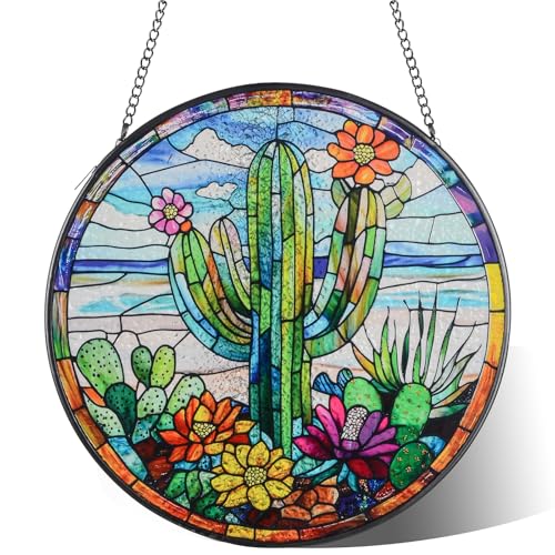 Cactus Suncatcher Decor, Cactus Stained Glass Window Art Beach Decor Sea Glass Hanging - 7.9' Outdoor/Indoor Art Decor for Home Garden