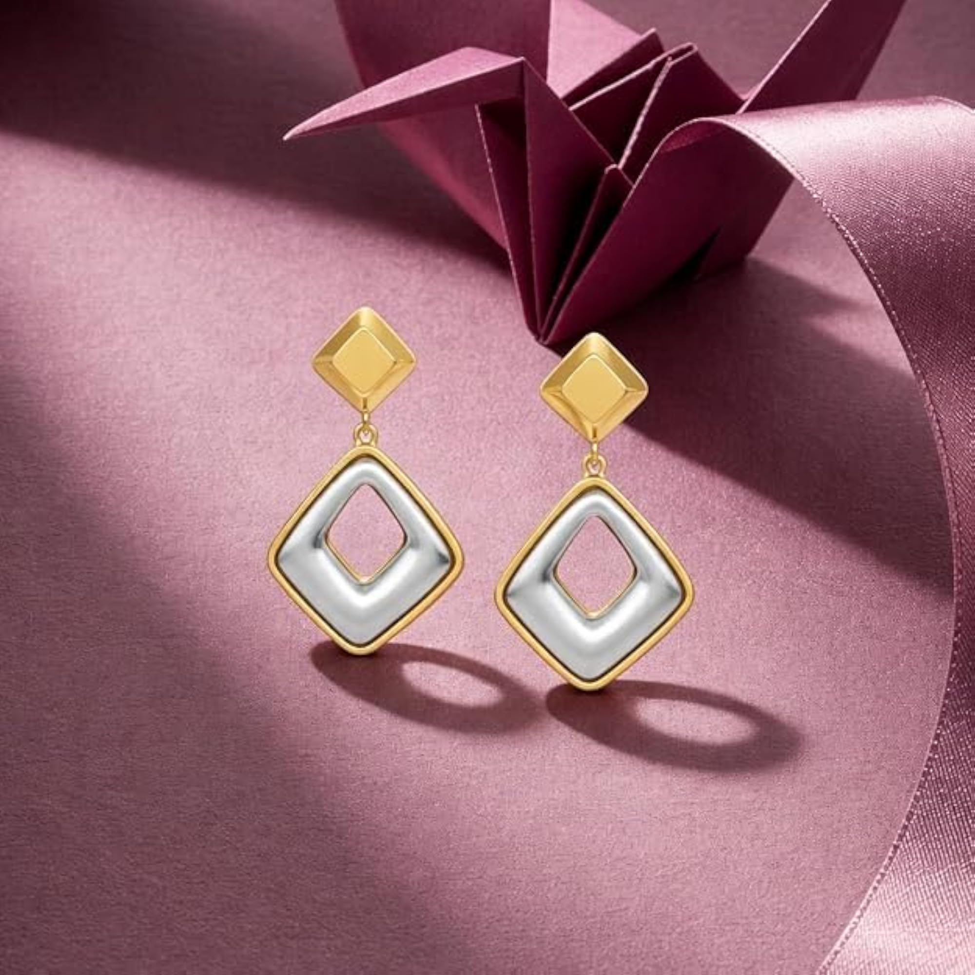Women's Dual-Tone Geometric Drop Earrings, Gold & Silver Toned