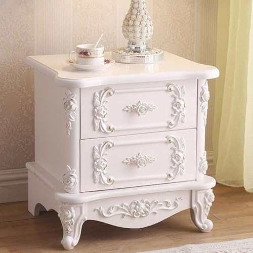 Chic French Country Nightstand with 2 Drawers, Rattan Nightstand, French Provincial Furniture Bedside Table, Bed Side Table with Carving for Bedroom, Living Room (White-Gold,48 * 40 * 8cm)