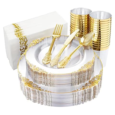 Nervure 175PCS Clear Gold Plastic Plates - Gold Disposable Plates for 25 Guests Include 25Dinner Plates, 25Dessert Plates, 25Cups, 25Forks, 25Knives, 25Spoons, 25Napkins for Christmas & Party Cover