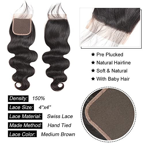 Aopusi Human Hair Bundles with Closure (22 24 26+20,Free Part) Body Wave Bundles with Lace Closure Brazilian Human Hair Weave Bundles with Closure Virgin Hair Weft 150% Density Natural Color - Image 6