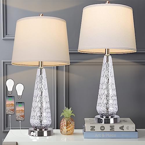 Table Lamps for Living Room Set of 2 Modern Glass 27″ Tall 3 Way Dimmable Nightstand Bedroom Lamps with 2 USB Ports Large Bedside End Table Lamp with White Fabric Shade for Home Office Decorations
