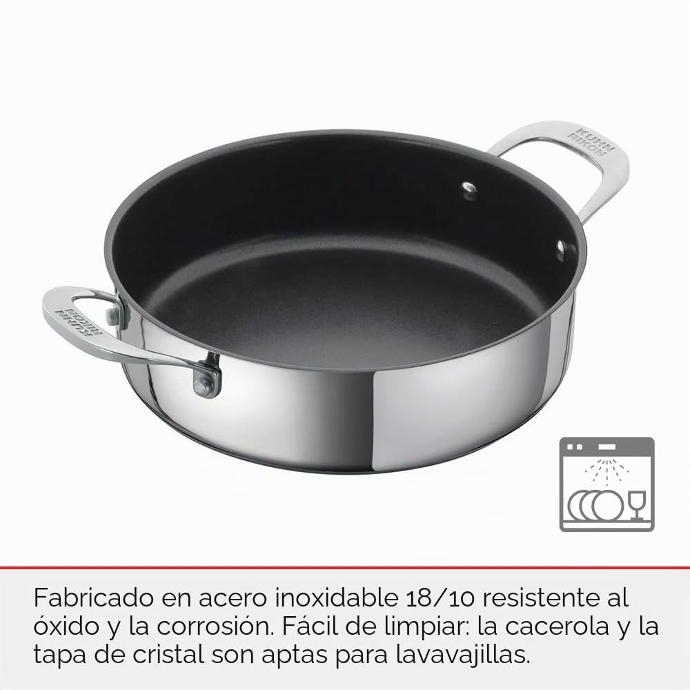 Kuhn Rikon Cacerola Allround 3L/24cm con revestimiento, Asas Frias, Tapa de cristal con Salida de Vapor, Olla de Acero inoxidable 18/10 con Triple Capa de Antiadherente, Apta para Inducción