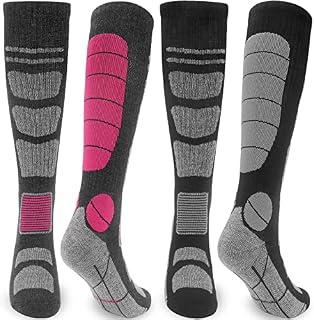 Merino Wool Knee High Thermal Ski Socks for Women Men 4-9, Mens Womens Long Thick Winter Warm Black Football Sports Socks Anti Blister Cushioned Snowboarding Mountaineering Hiking Boot Socks 2 Pairs