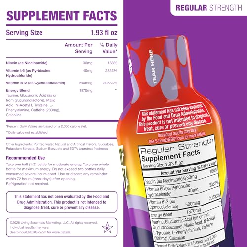 Image of 5-hour ENERGY Grape Flavor, 30 Count, 1.93 Fl Oz Energy Shot, Regular Strength, Amino Acids, B Vitamins, Sugar Free and Zero Calories