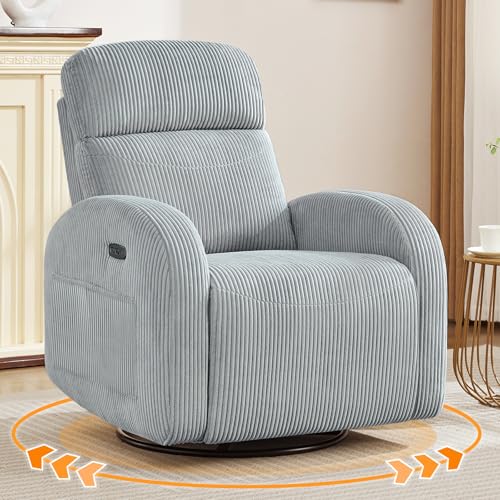 AEMEIOS Power - Sillón reclinable para guardería, reclinable giratorio con puerto USB y tipo C, balancín reclinable giratorio con bolsillos dobles para sala de estar, gris, pana