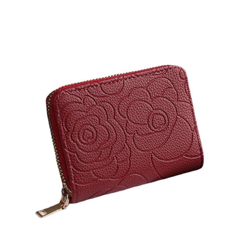 Stylish Floral Wallet for Women - Slim RFID Blocking Card Holder with Double Zip, Lightweight PU Leather (Black/Burgundy) (Burgundy)