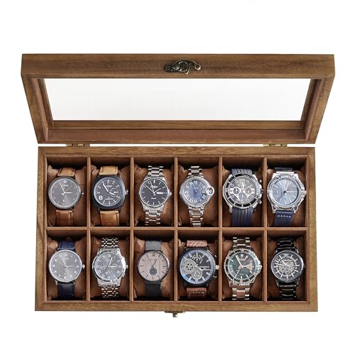 SONGMICS 12-Slot Watch Box, Watch Display Case with Large Glass Lid, Removable Watch Pillows, Velvet Lining, Gift Idea, Rustic Walnut UJOW120K01 1 lay