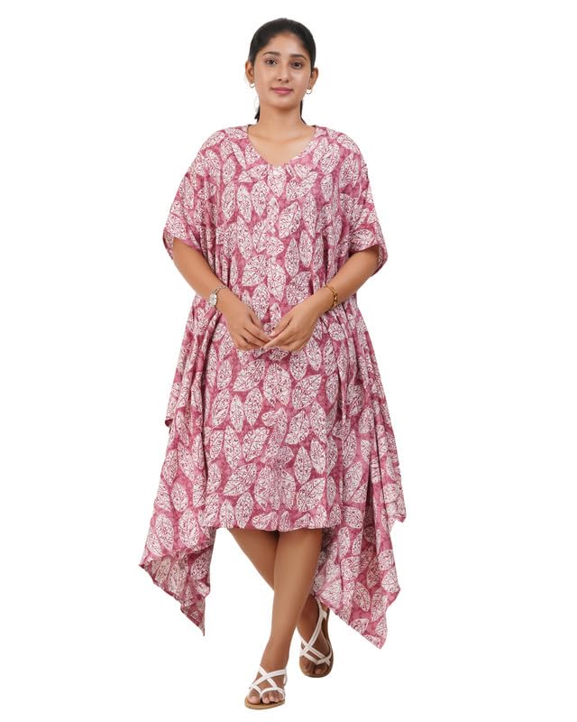 Image of MENMAII Women's Cotton Designer Dress|Fits up to 3XL| Front Open Button Down | Asymmetrical Hem | Chelsea Collar | Drop Shoulder | Flowy Loose Fit | Knee Length | Free Size [Pink Leaf]