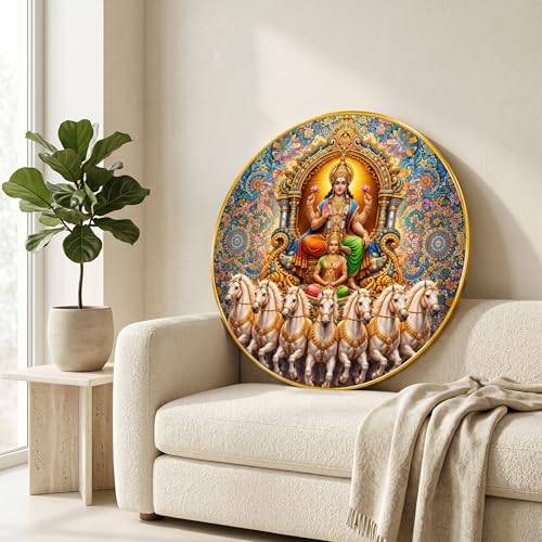 Image of SAF Surya Dev 7 Horse Round Wall Painting with Premium PVC Golden Frame, Hindu God Chariot Mandala Art for Living Room Prayer Room Home Decor Gift (12 x 12 Inch) GRS-455