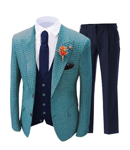 Mens Vintage Suit Slim Fit - 3 Piece Plaid Suits for Men One Button Blazer Wedding Party Prom Jacket Vest & Pants Set