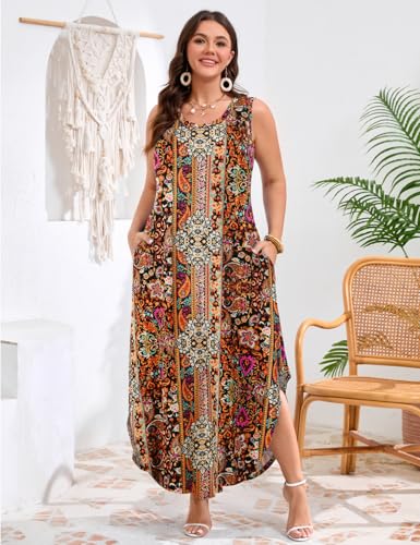 Image of JollieLovin Women Plus Size Summer Tank Maxi Dresses Sleeveless Causal V Neck Beach Long Dresses Swim Cover up (L-5X)