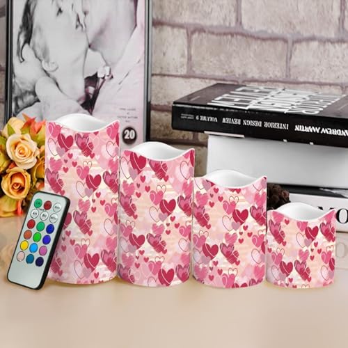 Image of Pink Heart Theme Plastic Flameless Candles with Remote Control and Timer LED Flickering Battery Electric Pillar Candles for Table Valentine's Day Decoration