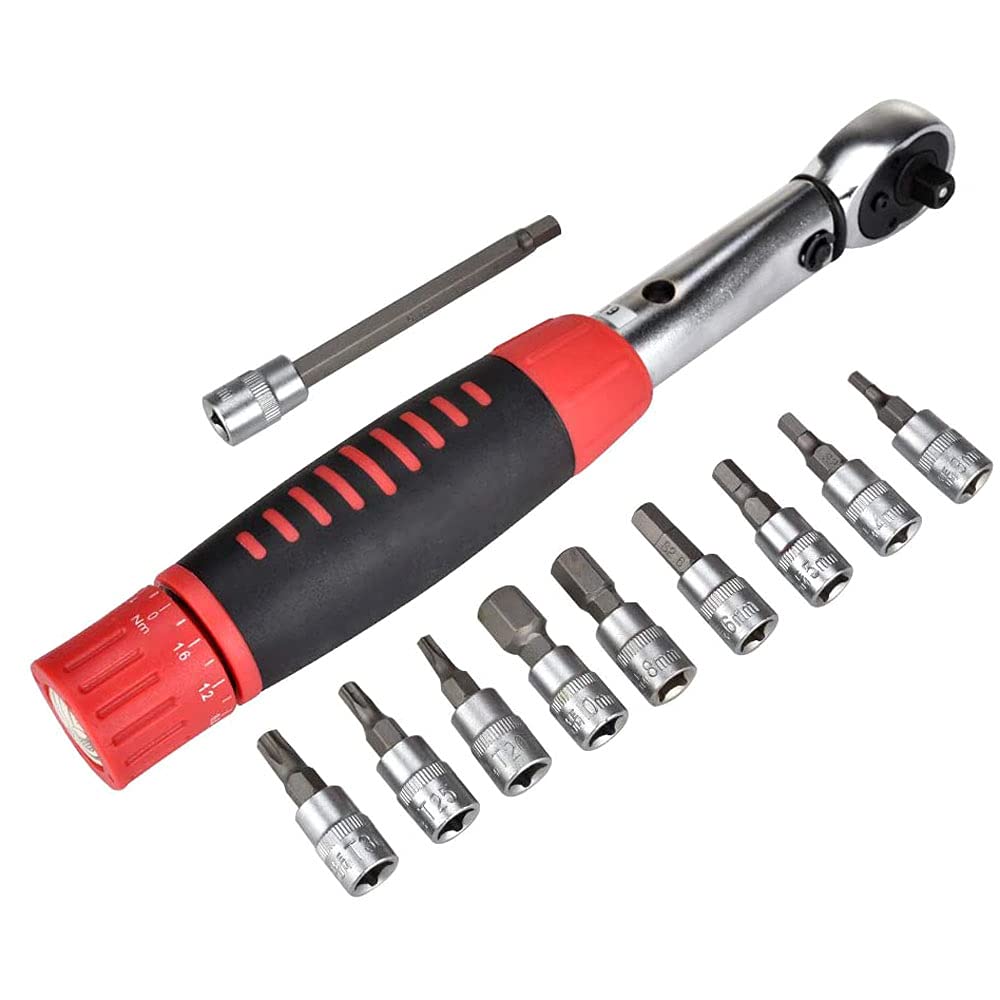 POFET Llave dinamométrica para bicicleta y motocicleta 1/4 "Socket Set 2-24Nm Kit de herramientas de reparación de par adaptador de par llave tubular (rojo)