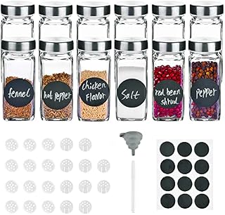 Miorkly 12 Spice Jars with Stainless Steel Lids and Labels, 120ml Spice Containers, Square Glass Spice Jars with Excellent Airtight, Spice Bottles With Outlet Screen, Funnel, Erasable Pen, Label Paper