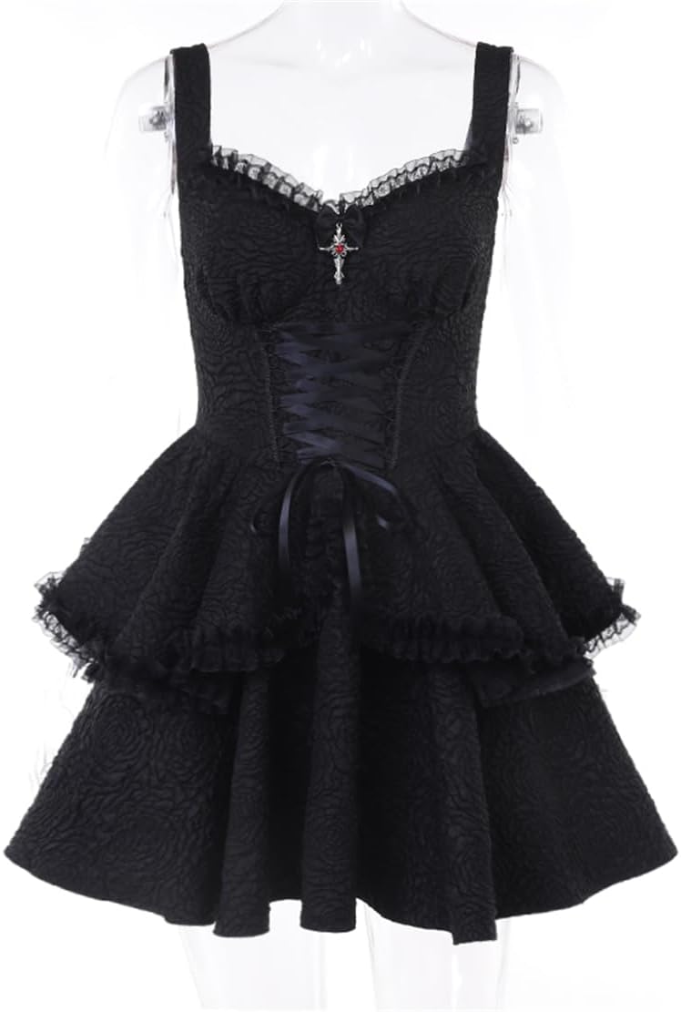Women Gothic Dress Punk Halloween Vintage Harajuku Velvet Lace Y2k Mall Goth A-Line Dresses - Image 4