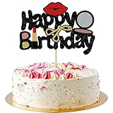 UXYOKM 1Pcs Makeup Happy Birthday Cake Topper Powder Compact Eyelash Curler Lip Lipstick Glitter Cake Decorations for Girls Women Female Makeup Spa Theme Birthday Party Supplies