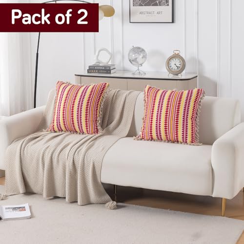 Image of HOKIPO 'Artisan Boho Series' Sofa Cushion Covers | 450 GSM Cotton Acrylic Jacquard | Tassel Design | 22x22 Inch (55x55 cm) | Pack of 2, Ruby Red (IN-906-A6*2)