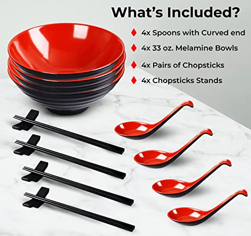 Annie's Kitchen Japanese Ramen Bowl Set Of 4 Naruto Ramen Bowl With Chopsticks And Stands - Large Ramen Bowls Pho Bowls And Spoons Set 16 Piece Melamine (Red) #TOP6