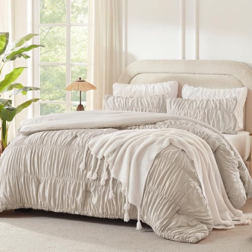 Image of Andency Ruched Linen Grey California King Comforter Set, 3 Pieces Bedding