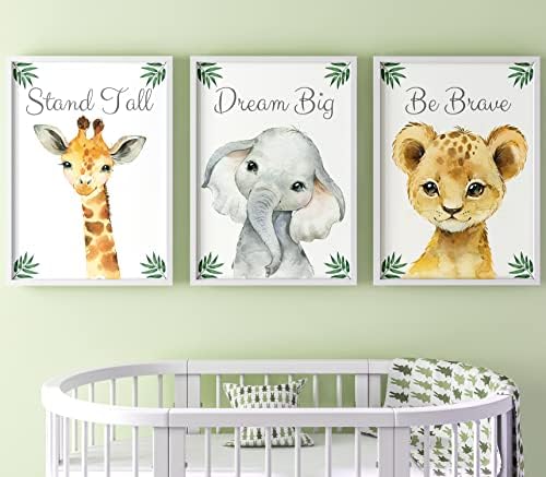 Safari Animals Baby Girl or Boy Nursery Bedroom Set of 3 Unframed Jungle Leaves Quote Prints, Nursery Decor Wall Art Gift Present, Giraffe Elephant Lion, Stand Tall Dream Big Be Brave (A4)
