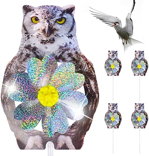 Owl Design Reflective Pinwheels, High-Efficiency Reflective Material Wind Spinner, Scare Birds Keep Birds Away from Garden- 4 Pack (Pinwheel)