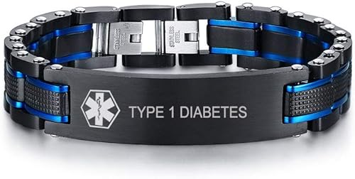 MEALGUET Pulsera de identificación de alerta médica de acero inoxidable masculino de 2 tonos para hombre, grabado gratuito, negro, azul, para hombre