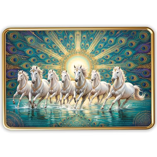 Image of Vastu 7 Seven Running Horse Photo Frame, Golden Slim Frame, Sparkle Coated Lamination, 30x45 cm (Design 10)
