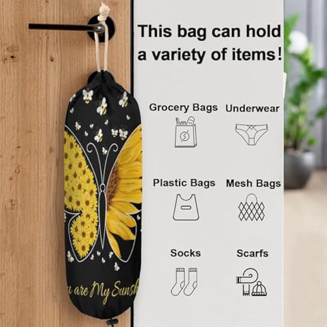 Sunflower Butterfly Plastic Bag Holder Grocery Bag Storage Dispenser Wall Mount Washable Reusable Trash Garbage Bag Organizer for Home Kitchen Camper