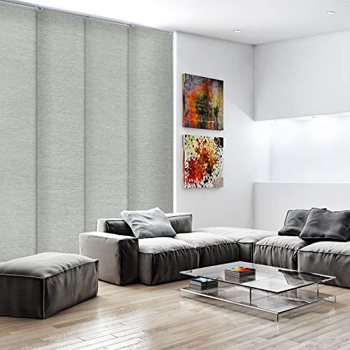 Godear Design Deluxe Adjustable Sliding Panel Track Blind 45.8"- 86" W X 96" H, Extendable 4-Rail Vertical Blind For Closet Door, Shimmering Trimmable Natural Woven Fabric, Semi-Sheer, Moonstone #TOP1