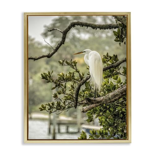 'Elegant Bird Perched Lakeside Tree'| Floating Frame Canvas Art