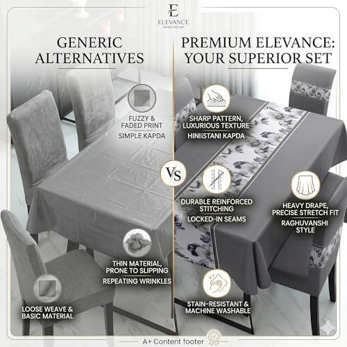Image of Styleys Polyester Dining Chair Cover with Table Covers for Kitchen Waterproof Dining Table Cloth (1 Table Cover + 6 Chair Cover, Grey Flower, K716), Rectangular