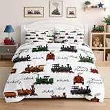 WeCozy Twin Size Comforter Set with Pillowcase, Retro Vintage Train Cute Vehicle Soft 2 Pcs Bedding for Kids and Adults Bedroom Bed Decor