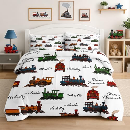 WeCozy Twin Size Comforter Set with Pillowcase, Retro Vintage Train