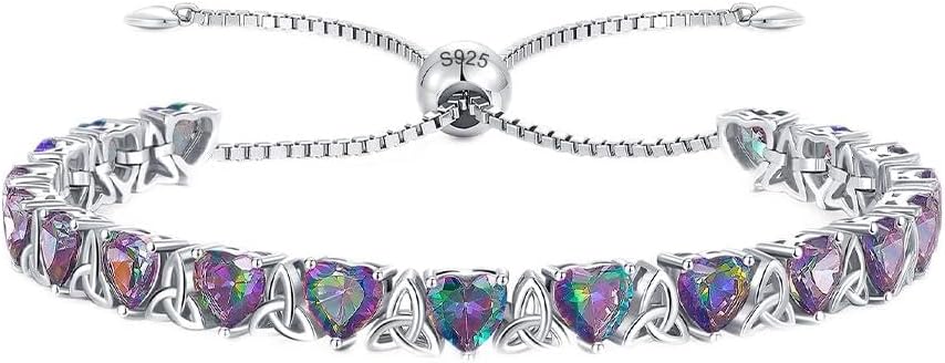 Birthstone Tennis Bracelets for Women, 925 Sterling Silver Heart Shaped Celtic Trinity Knot, Adjustable Chain 6-8 Inchs Anniversary Birthday Gifts