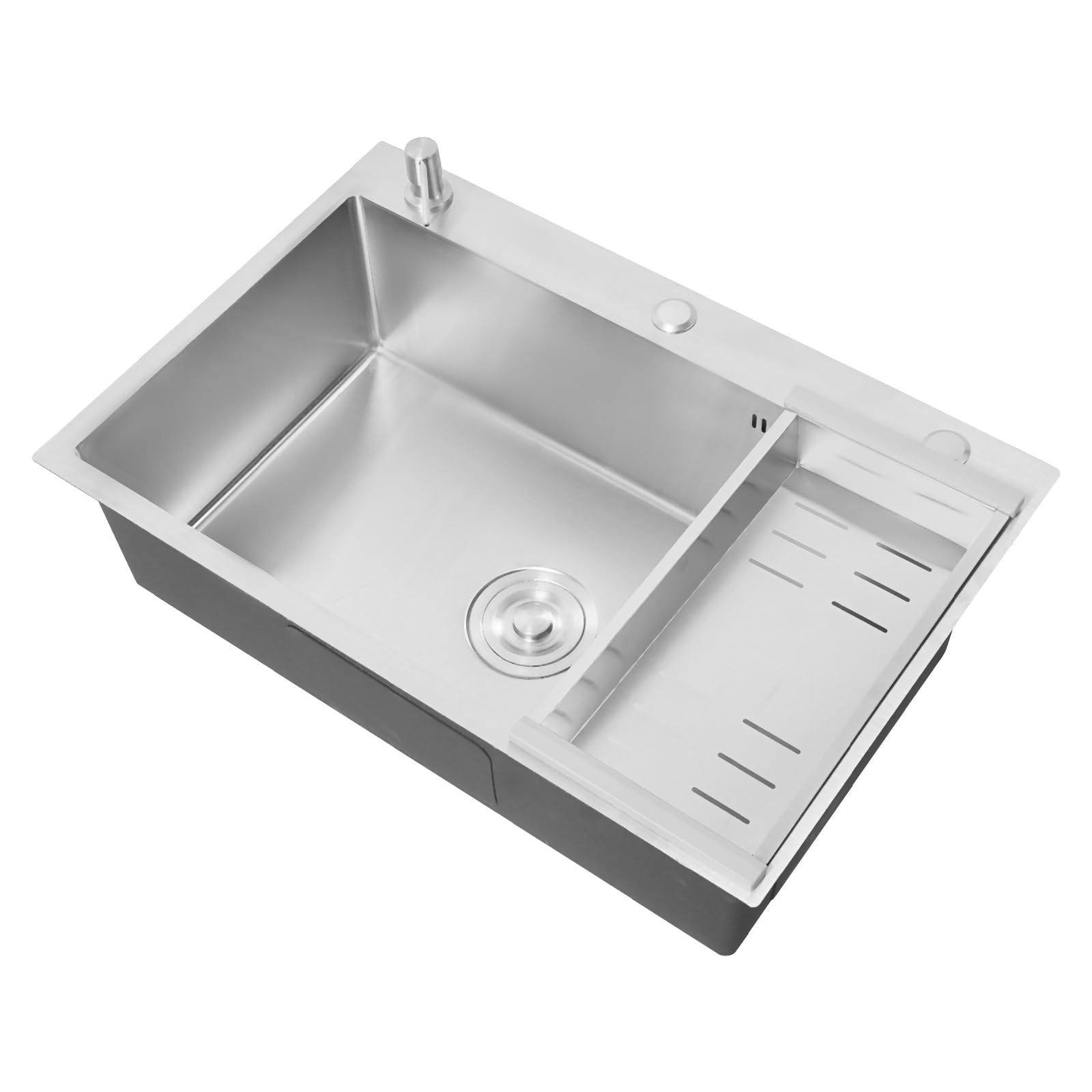 Fregadero de acero inoxidable empotrable con fregadero de acero inoxidable con escurridor en forma de V, fregadero de cocina, fregadero de cocina con dispensador de jabón, cesta de desagüe 68 x