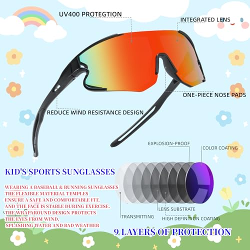 2Pack Youth Baseball Sunglasses for Boys Girls Age 4-12 Kids Sunglasses for Softball Tennis Cycling Golf3