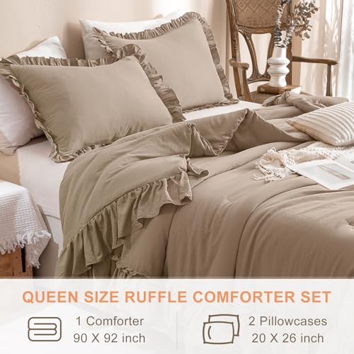 Image of QSH 3PCs Light Taupe Ruffled Comforter Set Queen Size,Shabby Boho Chic Bedding Comforter Sets Queen, Ultra Soft Farmhouse Lightweight Microfiber Inner Fill Bed Comforter Set