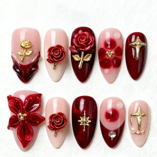 Nailing the New Year: Your Ultimate Guide to Trendy Nail Styles 174 30Pcs Red Flower Press on Nails Short Almond French Tip Fake Nails with Rhinestone Pearls Designs 3D Rose Floral Star False Nails Nude Glossy Full Cover Reusable Valentines Glue on Nails for Women