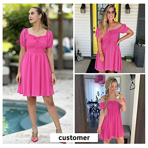 Byinns Women's Sweetheart Neckline Dress Smocked Sundress Puff Short Sleeve Drawstring Dresses Rose #TOP2