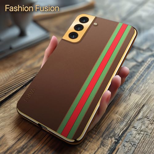 Image of Vaku Luxos Felix Line Back Cover for Samsung Galaxy S22 5G with Leather Pattern Gold Electroplated Soft TPU Cover Shockproof Protective Case - Brown