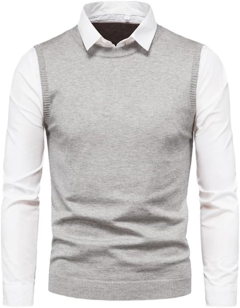 Autumn Men White Lapel Shirt Vest Fake Two Piece Sweater Slim Fit Casual Knit Pullover Warm Top